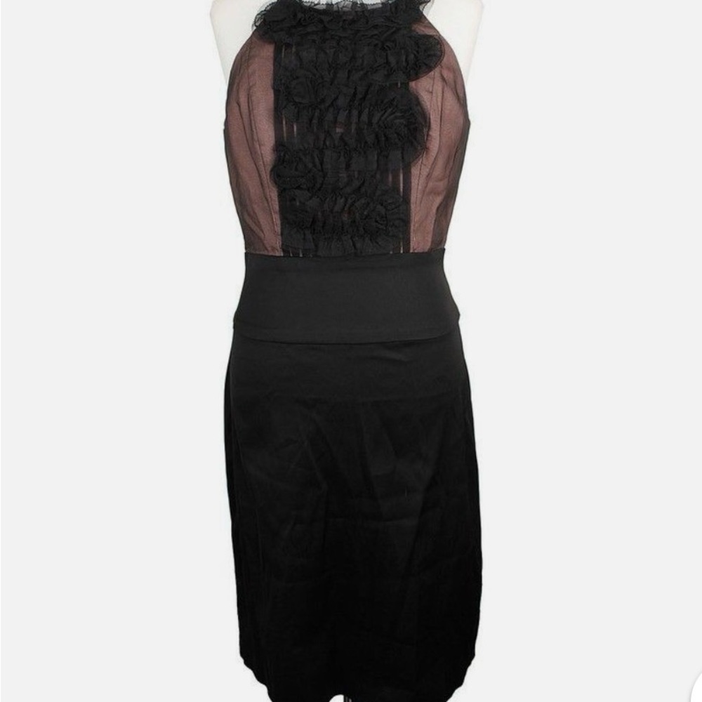 BCBGMaxAzria Black Strapless Sheer Ruffle Bodice Dress